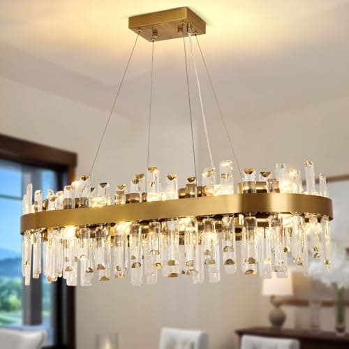 Image of KUNYEEE Modern Crystal Pendant Light Gold Chandelier, Oval Crystal Pendant Light, 20 x E14 Ceiling Suspension for Living Room, Dining Room, Bedroom, 80x35 cm