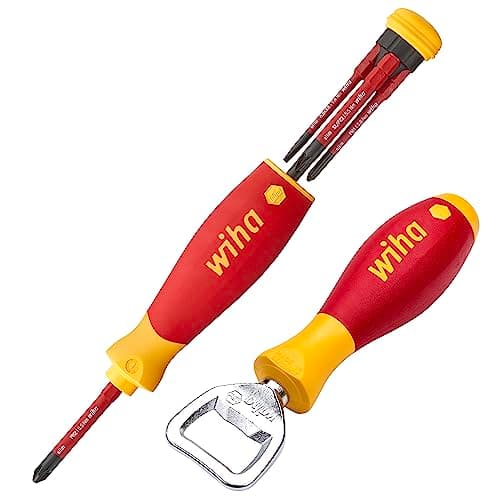Image of Wiha Screwdriver Set Mixed PocketMax Electric 4-Piece Bit Set Screwdriver Set with Bit Magazine Made of SlimBits for Electricians Slotted Phillips Plus minus Including Bottle Opener Tool Handle