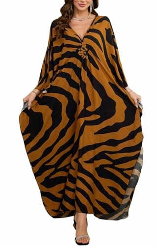Image of Orshoy Womens V-Neck Swimwear Coverups Free Size Kaftan Bohe Beach Dresses Maxi Kimono Tunic Bathing Suit Robes Black Brown Zebra