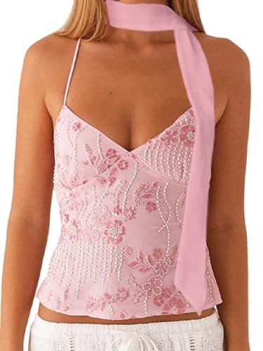 Image of Felcia Women Sequin Sparkle Halter Crop Tops Y2k Pearl Embellished Cami Sexy Tank Tops Going Out Tops Party Clubwear (B-Pink, S)