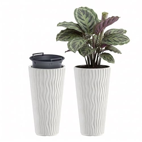 Image of GEEZY Tall Slim Wavy Plant Pot with Insert, 53.1 x 29.7 cm - Weather Resistant White Indoor & Outdoor Planter - Modern Flower Pots for Home, Garden & Patio