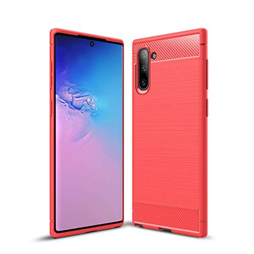 Image of PIXFAB Red Case For Samsung Galaxy Note 10 SM-N970F, Premium Ultra Slim Shockproof, Brushed Carbon Fibre TPU, Silicone Gel Phone Case Cover With 3D Curved Screen Protector