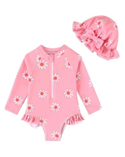 Image of JiAmy Baby Girls Swimming Costume Long Sleeve Zip Up One Piece Swimsuit Swimwear Bathing Suit Rash Guard with Sun Hat Set Pink Flowers 0-3 Months
