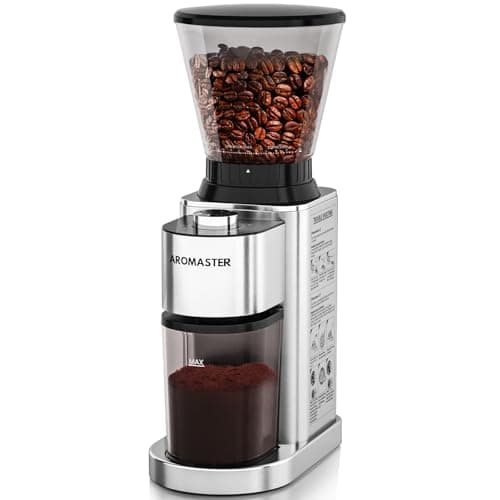 Image of Aromaster - Coffee grinder with 48 gind settings, conical bean grinder for home use, stainless steel, 40 seconds adjustable timer, anti-static, easy to clean with