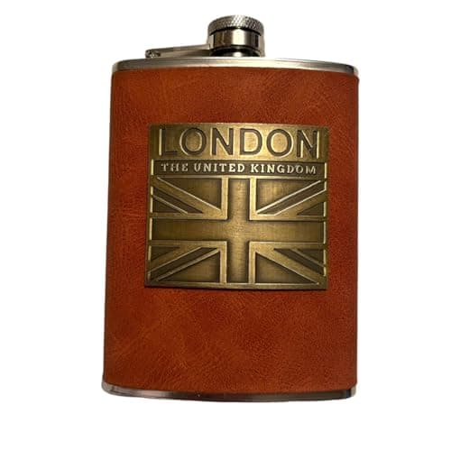 Image of British Souvenir Stainless Steel Hip Flask with London Union Jack Emblem and Brown Leather Cover, 8 OZ England Collectable Gift