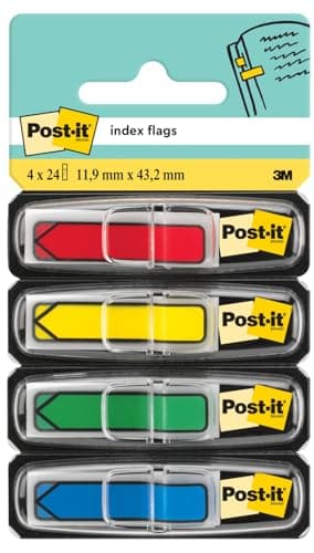 Image of Post-it Index Arrow Flags - 4 Dispensers (24 Flags of Each Colour) 11.9 mm x 43.2 mm - to Mark, Highlight or Color Code Important Information
