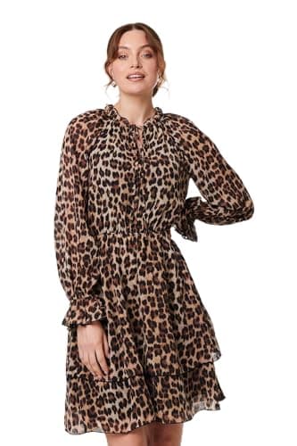 Image of Izabel London Animal Print Ruched Tie Neck Short Dress for Women UK with Long Sleeves and a Shirred Waist. Brown