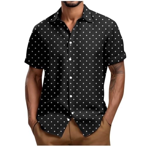 Image of RLEHJN Summer Shirts for Men Adult UK Daily Deals, Mens Short Sleeve Shirt Polka Dot Printed Button Down Hawaiian Shirts Summer Turn-Down Collar Shirt Lightweight Regular Fit Casual Tops M-4XL Black