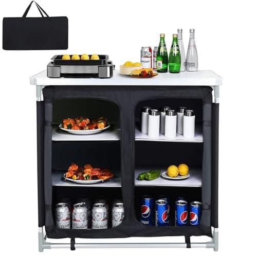 Image of Warmiehomy Folding Camping Storage Cupboard Portable Camping Kitchen Unit with Aluminium Frame, 1 double cupboard, Black, 100×50×80cm