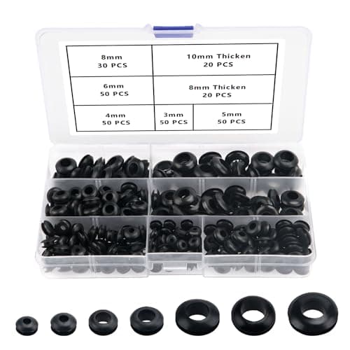 Image of YIXISI 270 PCS 7 Sizes Rubber Grommets Kit, Conductor Gasket Ring Grommets, Black Rubber Hole Plugs Electrical Wire Gaskets, for Protecting Wires, Cables and Plugs, Black