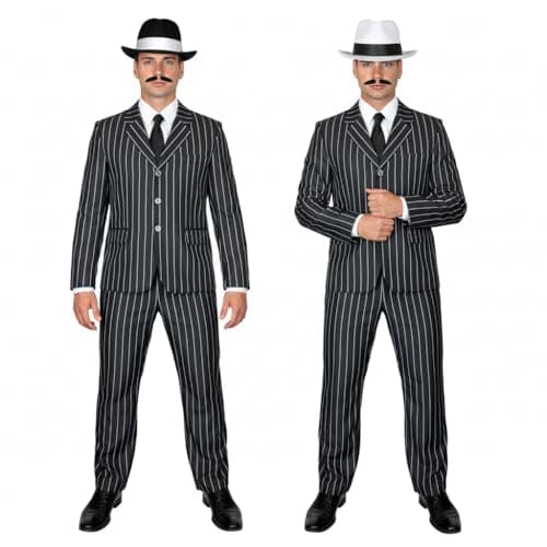 Image of SoWest Men’s 1920s Gangster Costume – Black & White Pinstripe Suit with Matching Trousers, Tie & Black Hat | Vintage Boss Fancy Dress Outfit for Halloween, Parties & Themed Events - M