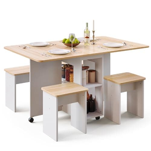 Image of Mondeer Folding Dining Table and Chairs Set 4, Drop Leaf Table for Small Spaces with 4 Chairs, Foldable Table with Storage Shelf, for Kitchen Dining Room (Red Oak and White)