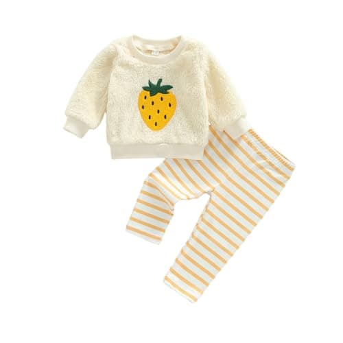 Image of XIXIMAON Toddler Baby Girl Cute Fall Outfits Strawberry Embroidery Long Sleeve Plush Pullover Striped Leggings Trousers Set 2pcs Infants Girl Winter Clothes (Beige, 9-12 Months)