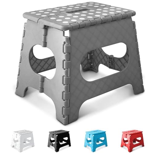 Image of KEPLIN 11 Inch Heavy Duty Folding Step Stool | Non-Slip Foldable Footstool for Toddlers, Children & Adults | Portable, Lightweight Plastic Footstep w/Carrying Handle for Indoor or Outdoor (Grey)