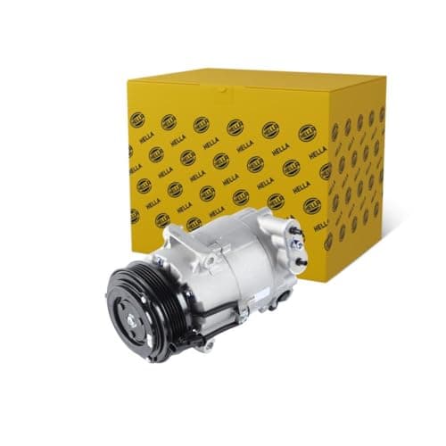 Image of HELLA 8FK 366 200-521 Compressor, air conditioning - CVC6 - 12V - R 134a - PAG 46 - 100ml - with magnetic clutch/with seal ring/with PAG compressor oil