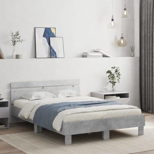 Image of RCODSSK Concrete Grey Double Bed Frame with RGB LED Lights, 135x190 cm Engineered Wood Bed Frame with Slatted Base and Headboard Support, No Mattress Needed