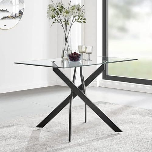 Image of GOLDFAN Modern Glass Dining Table Rectangle Black Chrome Legs Kitchen Living Room Dining Table for Home Office Lounge
