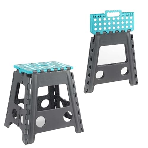 Image of Beldray LA032487FEU6 Large Folding Stool-Lightweight Plastic Step-Up Footstool, Seat for Adults & Kids, Foldable Design, Compact Storage, Carry Handle DIY Accessory, Max. Weight 150 KG, Grey/Blue
