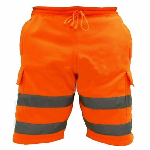 Image of Mens Hi Vis Work Shorts Cargo Multi Pockets Hi Viz Reflective Bands Super Soft Comfortable Fleece Shorts (UK, Alpha, M, Regular, Regular, Orange)