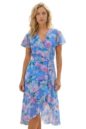 Image of Roman Frill Dress for Women UK Ladies Summer Wrap Chiffon Frill Hem Layered Belted Midi Maxi Tiered Cape Special Occasion Fit & Flare Wedding Guest Swing Skater - Light Blue Pink - Size 18