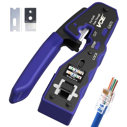 Image of VCE GJ670BL RJ45 Crimp Tool, Pass Through Ethernet Crimping Tool for Cat5 Cat6 Cat7 End Pass-Thru Connector, Support Stripping & Cutting