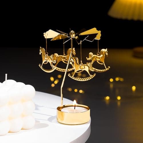 Image of Toptime Tealight Holders, Rotary Candle Holders Carousel Themed, Gold Metal Carousel Candle Holder, Decorative Home Accessories for Table Centerpiece, Christmas, Valentine's Day