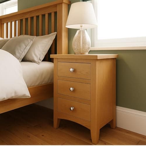 Image of Home Furniture Group Ltd Nordale Light Oak 3 Drawer Bedside Cabinet – Slim Solid Wood Nightstand with Brushed Metal Handles, Fully Assembled Bedroom Unit, 42cm Wide Compact Storage