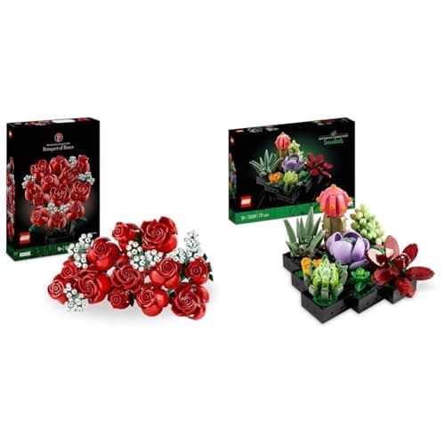 Image of LEGO Icons Succulents Artificial Plants Set 10309 + Bouquet of Roses 10328, Artificial Flowers Set for Adults, Botanical Collection, Home Décor Accessories, Gifts for Women, Men, Her or Him, Relaxing