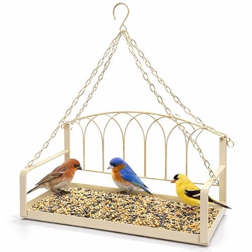 Image of ADEPTNA Metal Bench Bird Feeder Hanging Tray Decorative Garden Bird Feeder with Chains, Durable Outdoor Wild Bird Feeding Station for Seeds & Nuts, Easy Clean & Drainage Design