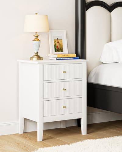 Image of HEYZOEY Bedside Cabinet with 3 Drawers, Wooden Bedside Table, Modern Side Table for Bedroom or Living Room (White, 45 × 35 × 61.5 cm)