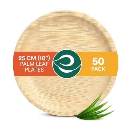 Image of ECO SOUL 50 Palm Leaf Plates 10”(25cm) Round Large Bamboo Plate I Eco Friendly, Biodegradable, Compostable Heavy-Duty Plate, Disposable Plates for Dinner, Party & Events