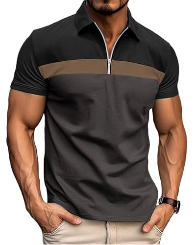 Image of Ryehack Men's 1/4 Zip Polo Shirt Short Sleeve, Raglan & Contrast Design - Casual & Golf T-Shirt, Black+Grey, XL