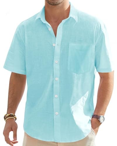 Image of J.VER Linen Shirts Men Short Sleeve Summer Lightweight Cotton Regular Fit Casual Holiiday Button Down Beach Shirt with Pocket Blue XL