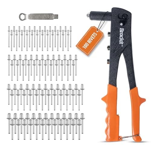 Image of brackit Heavy Duty Rivet Gun Set with 100 Rivets in 4 assorted sizes - 2.4mm, 3.2mm, 4.0mm 4.8mm - Ergonomic Grip for Securing Metal and Wood Panels