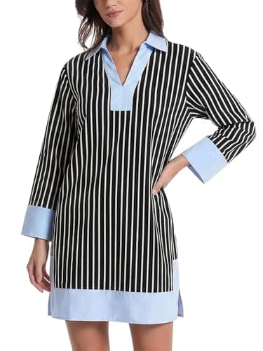 Image of Kedera Women's Summer Striped Dress Long Sleeve V Neck Collared Shirt Mini Dresses 2025 Trendy with Side Slit, 02 Stripe, S