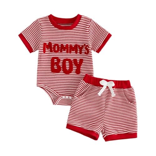 Image of Himllauen 2Pcs Baby Boy Outfit, Infant Newborn Boy Summer Clothes Set, Short Sleeve Letter Embroidery Romper + Elastic Waist Short (Red A, 0-3 Months)