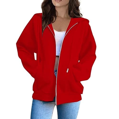 Image of Ladies Sweatshirts Clearance, Women Full Zip Hoodie Jacket Ladies Long Sleeve Plain Hooded Sweatshirts Basic Lightweight Sports Running Coat Tops with Pockets 18th Birthday Gifts for Girls,Red,L,U74K