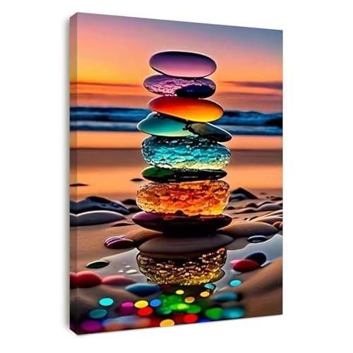 Image of Alptiny Framed Canvas Wall Art Colorful Stacked Stones Artwork Paintings Perfect for Living Room Bedroom, Office, or Hallway Decoration 30x40 cm