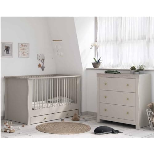 Image of Little Acorns Celeste 2 Piece Nursery Furniture Set, Cashmere Grey Ash with brushed gold knobs, Cot Bed and Dresser with baby changing surround