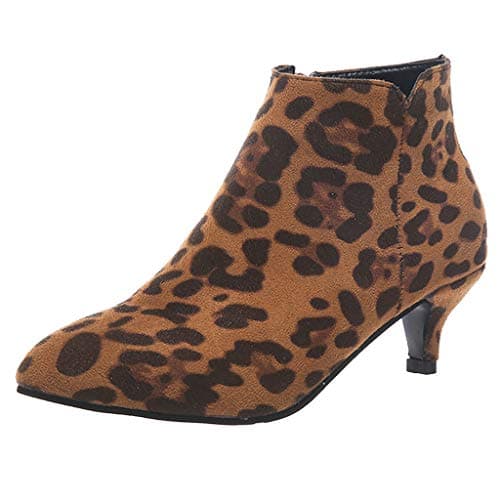 Image of SoonerQuicker Suede Chelsea Boots Women Kitten Heel Mid Heel Ankle Boots Ladies Boots Pointed Toe Booties Fashion Elegant (6.5 UK, Leopard)