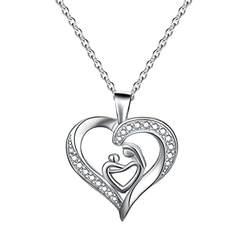 Image of 18 Karat Gold Necklace, Diamond Necklaces for Women Double Heart Mom and Child Necklace Pendant