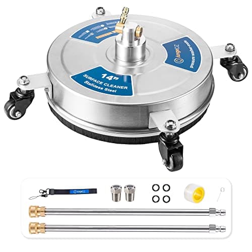 Image of AngeDZ 14" Pressure Washer Surface Cleaner Attachment with 4 Wheels, 1/4" Quick Connector, 2 Extension Wands, 14 Inch Stainless Steel Housing for Max 4000psi Power Washer (Silver)