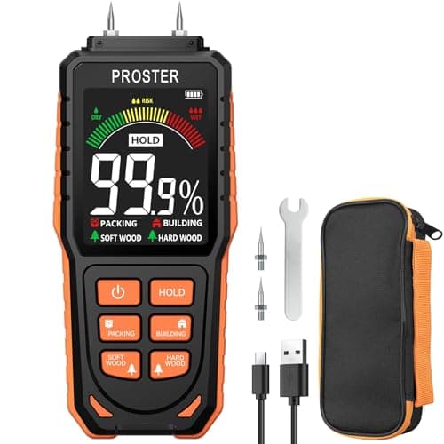 Image of Proster Rechargeable Damp Meter for Walls with Tri-Colour Bar Chart Display – Wall Moisture Meters with Visual & Sound Alerts, Damp Detector for Timber, Walls, Cement, and Building Materials