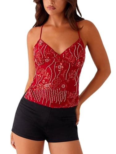 Image of YILEEGOO Women Sequin Sparkle Open Back Criss Cross Straps Tank Top Y2k Pearl Embellished Cami Tops Sexy Bling Glitter Rhinestone Camisole (Red, S)