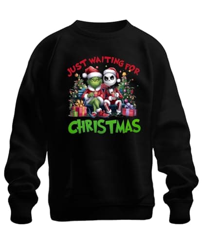 Image of Just Waiting for Christmas Grinch Jack Skellington Santa Funny Unisex Sweatshirt Pullover, black, XL