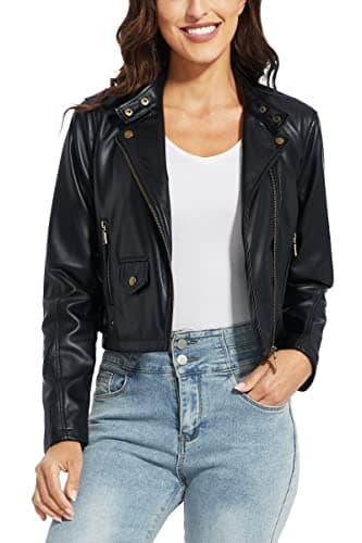 Image of Fahsyee Faux Leather Jacket Women - Black Motorcycle Cropped Short Coat Moto Biker Blazer Slim Size Casual Soft Jackets Fashion XL