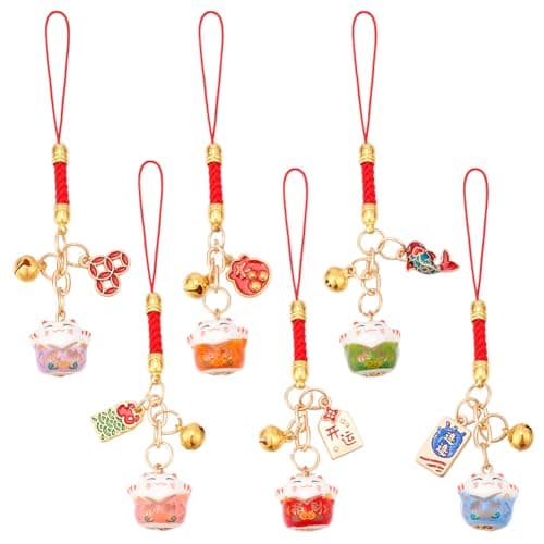 Image of WEBEEDY 6 Colors Lucky Cat Keychain with Bell Phone Charms Maneki Neko Charm Good Lucky Pendant for Handbag Wallet Keychain Decoration Gift for Christmas New Year(11 cm)