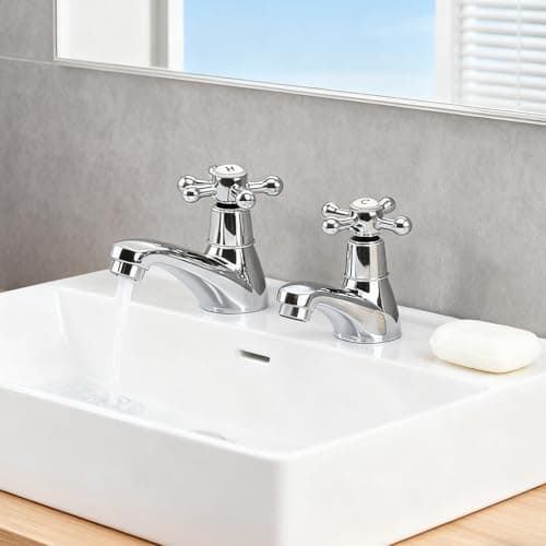 Image of Basin Pillar Taps Pair Twin Bathroom Sink Taps Traditional Victorian Chrome Brass Cross Lever Hot and Cold Tap Separate 2 Holes 1/4 Turn Crosshead Bath Faucet Set