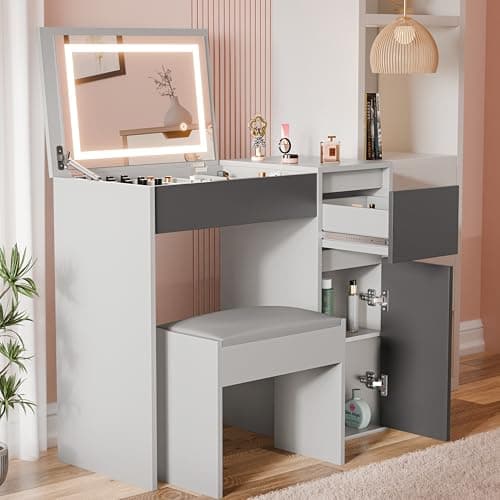 Image of Blisswood Dressing Table with Flip Up Mirror and Led lights, Vanity Makeup Table Drawer Storage Unit Bedroom Dresser Make Up Desk For Living Room, Bedroom Furniture (Light Grey/Dark Grey)