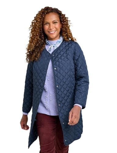 Image of Amber Ladies Longline Lightly Quilted Collarless Jacket with Popper Fastenings and Pockets Navy 14